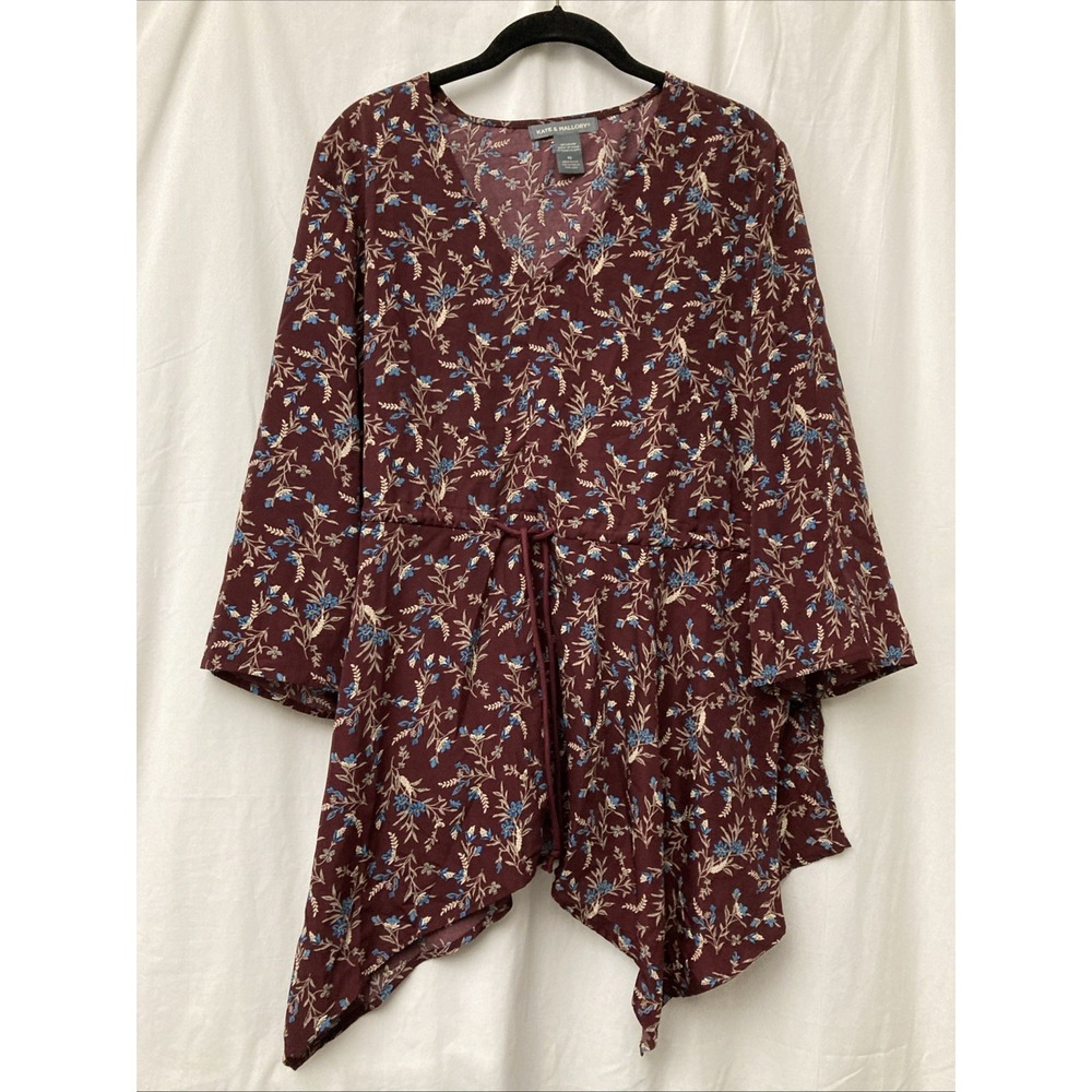 Kate & Mallory Women's Maroon Floral Tie Front 3/4 Sleeve Top - SZ XL